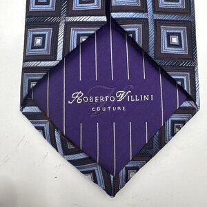 Roberto Villini Couture 7 Fold Purple Blue 100% Silk Tie Hand Made Modern Career
